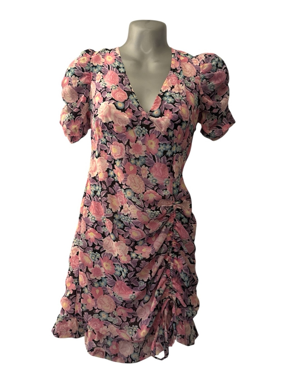 H&M Pink Floral V-Neck Ruched Mini Dress